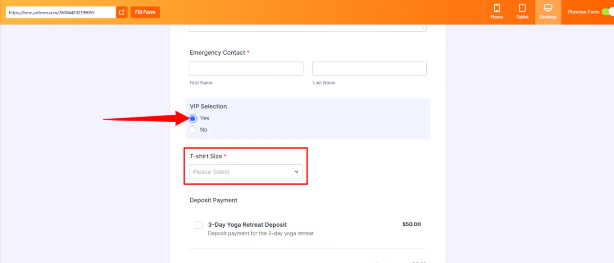 Auswahl einer T-Shirt-Größe bei der Vorschau eines mit Jotform generierten Formulars.