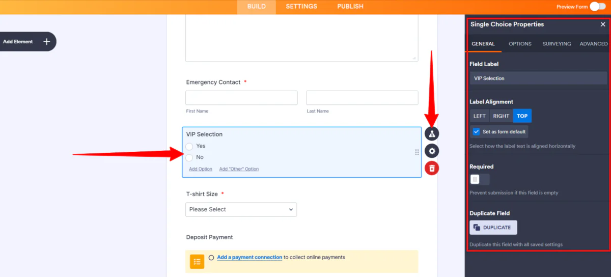 Bearbeiten eines Abschnitts eines mit Jotform erstellten Formulars.