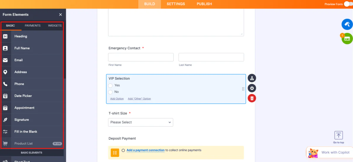 Hinzufügen von Formularelementen zu einem mit Jotform generierten Formular.