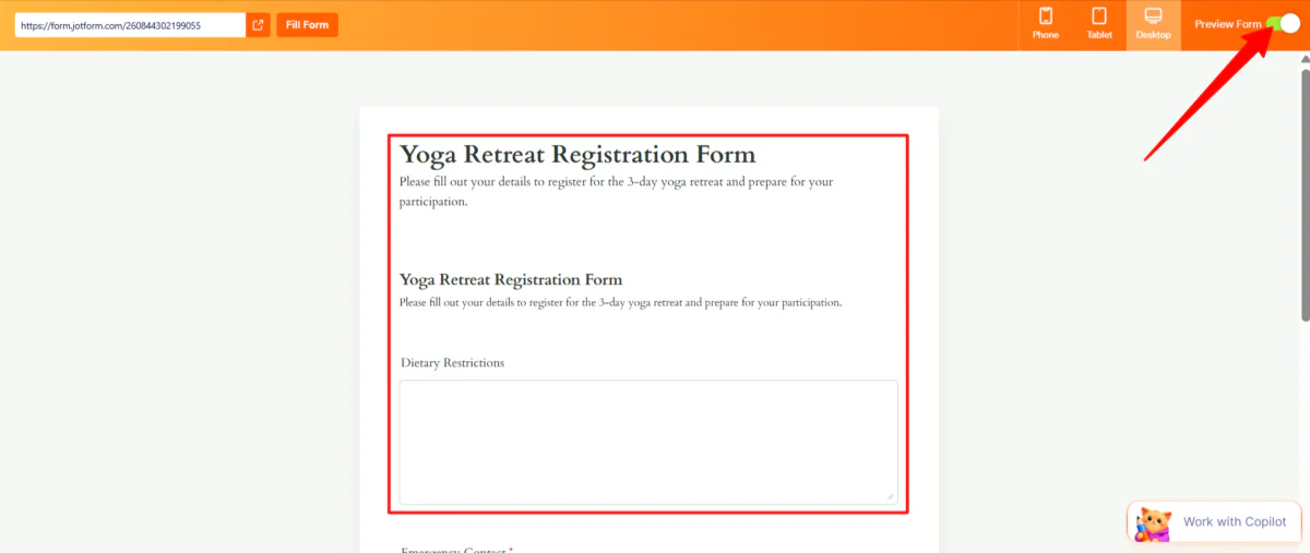 Vorschau eines mit Jotform erstellten Formulars.
