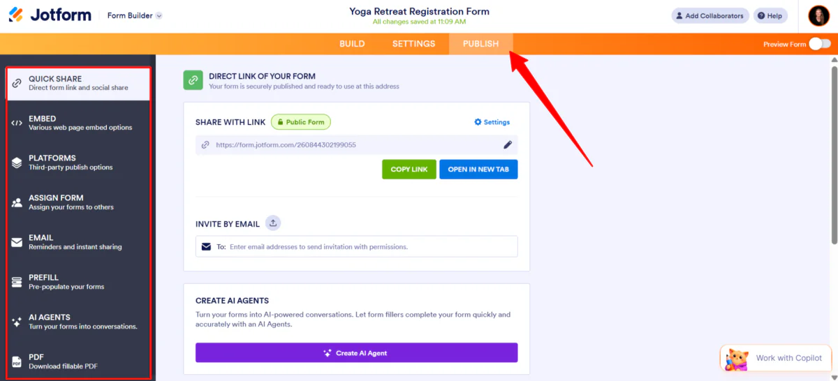 Veröffentlichung eines mit Jotform erstellten Formulars.