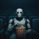 Image of a robot with popcorn in a cinema, ChatGPt-4+ and Adobe Firefly.