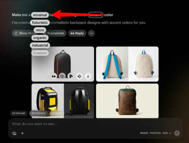 Selecting a concept pill within the text prompt when generating images with Luma AI.