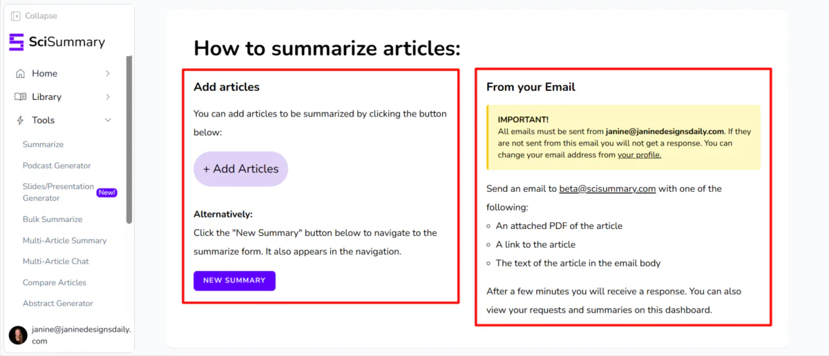 Summarizing articles with SciSummary by adding them or sending an email.