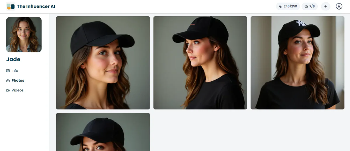 Four images of an AI influencer created with The Influencer AI wearing a black baseball cap.