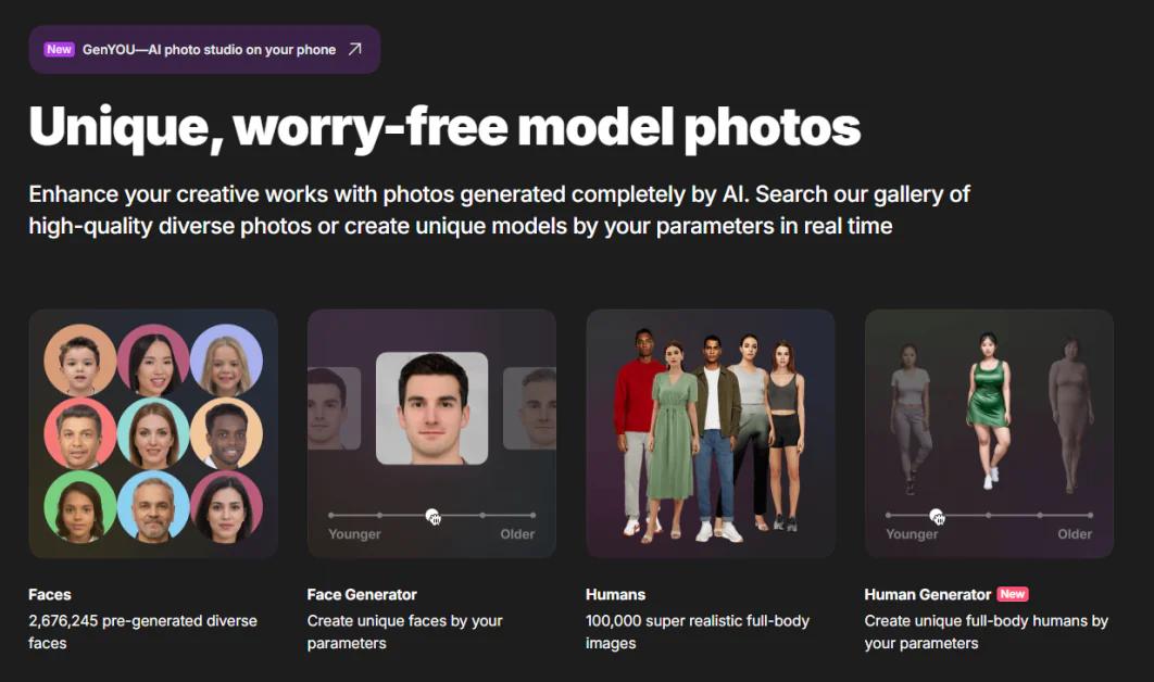 The Generated Photos homepage.