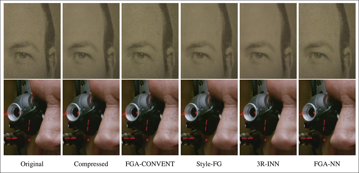 Comparison of low-bitrate frames enhanced using different analysis and synthesis workflows (third to last columns).