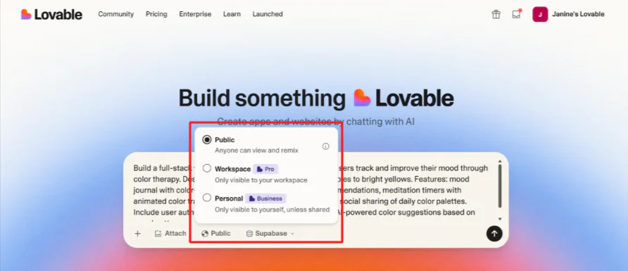 Regolazione delle impostazioni di visibilità su Lovable.