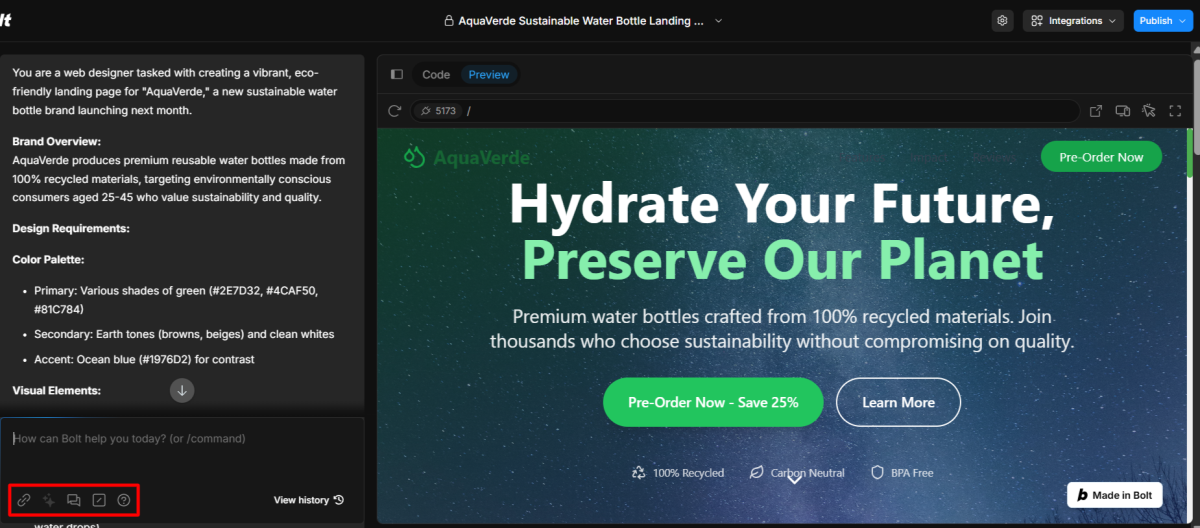 Options dans le chatbot Bolt.