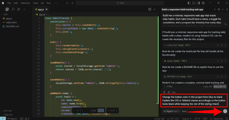 Приказ ИИ-курсору изменить цвет кнопки с синего на черный.