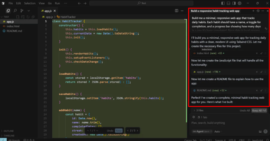 Cursor AI building a web app and describing its process.
