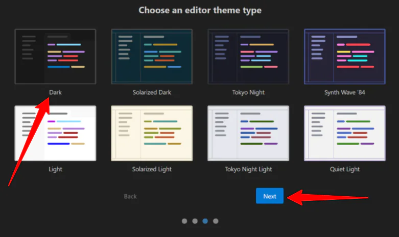 Выберите темную тему оформления редактора при использовании Windsurf и нажмите «Далее».