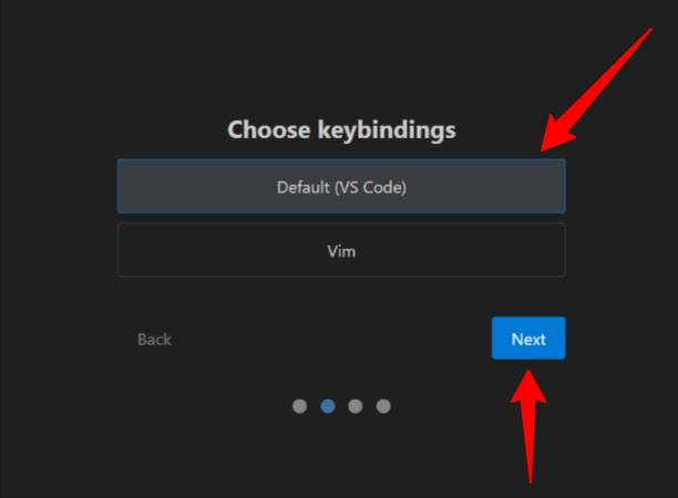Choosing VS Code as the keybindings and hitting 