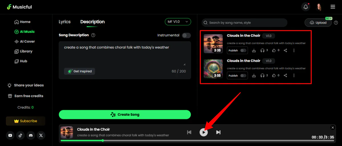 Previewing the songs generated with Musicful.