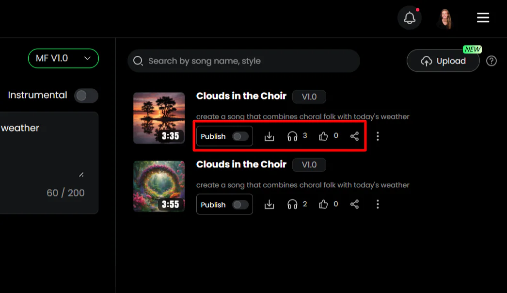 Options to publish, download, or share a song generated with Musicful.