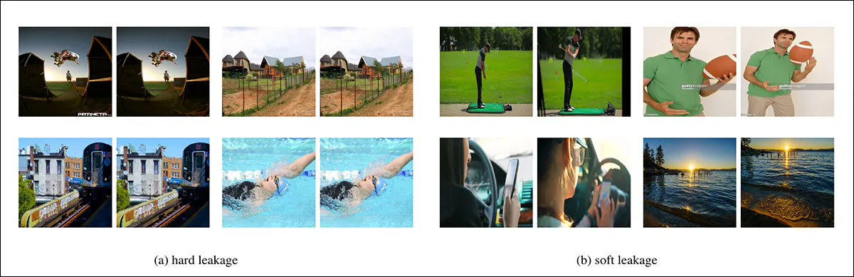 Examples of leaked images. On the left are cases of 'hard' leakage, where images are identical within a dataset (top) or between datasets (bottom); on the right, cases of 'soft' leakage, where images are visually near-identical.