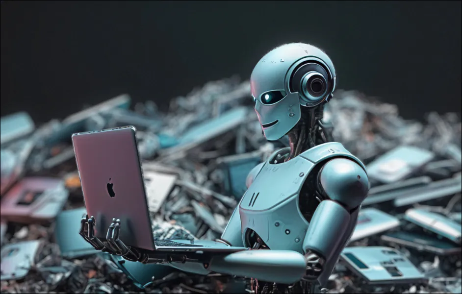 A robot preferring a Mac over other junked laptops in the blurred background. Flux 1D and Firefly, via Krita.