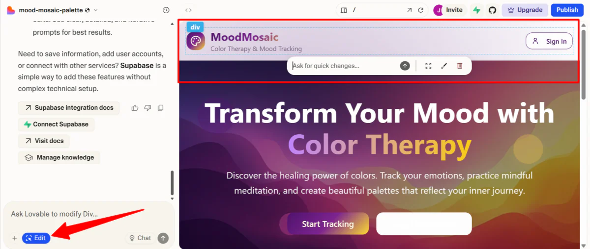 Using the visual editor to edit the preview in Lovable.