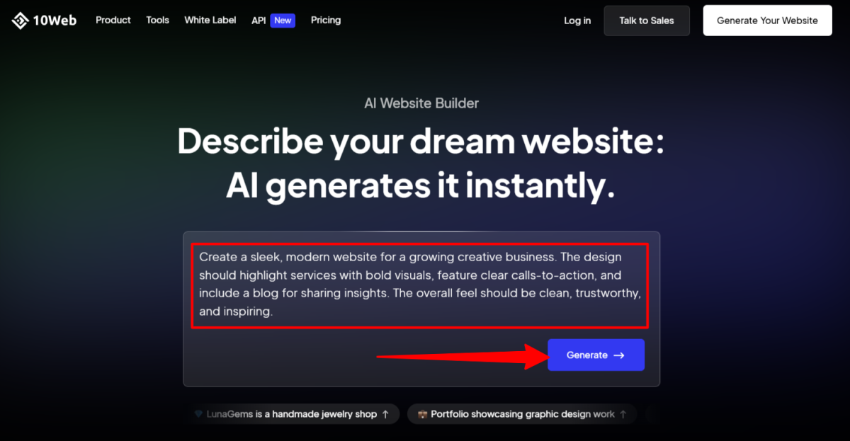 Giving 10Web a prompt to generate an AI website.
