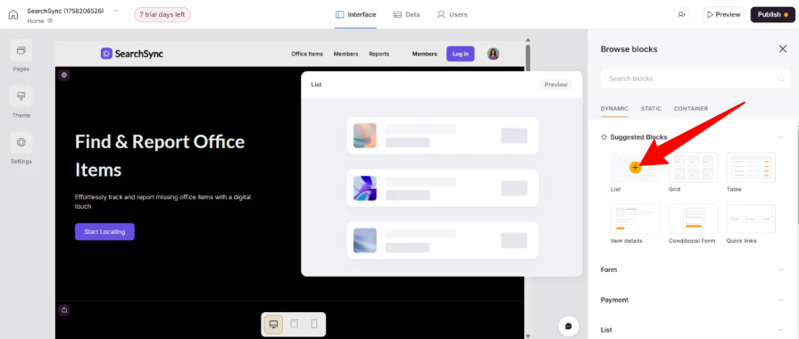 Adding a block to an app in Softr.