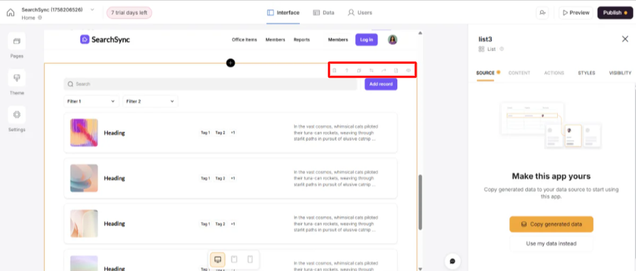 Customizing the block added to a Softr app preview within the editor.