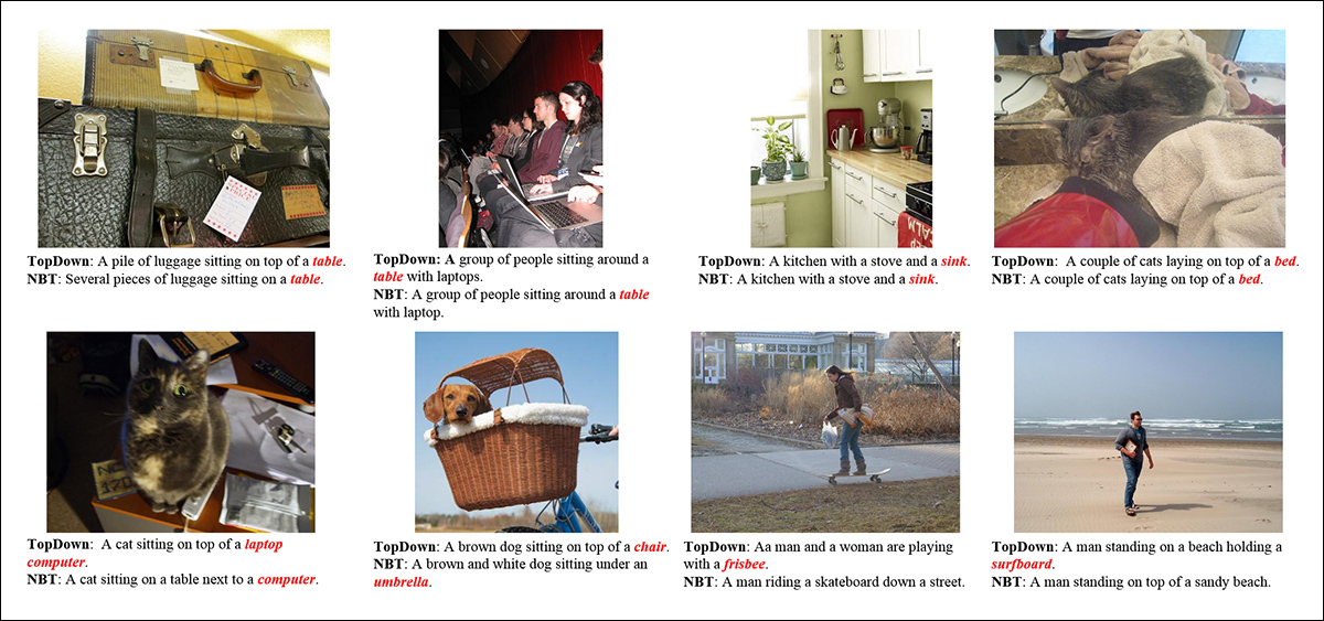 From the CHAIR release paper: examples of hallucinated objects generated by two leading captioning systems, TopDown and NBT, where each model invents visual elements not actually present in the image, such as laptops, sinks, or surfboards. Source: https://arxiv.org/pdf/1809.02156