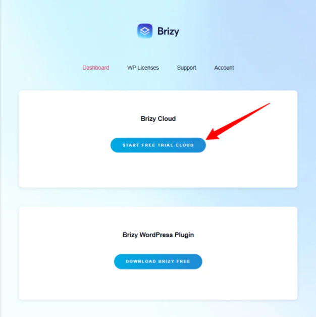 Starting a free trial of Brizy Cloud.