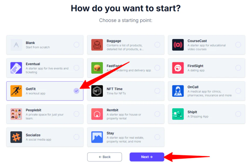 Choosing a workout template to work from in Draftbit.
