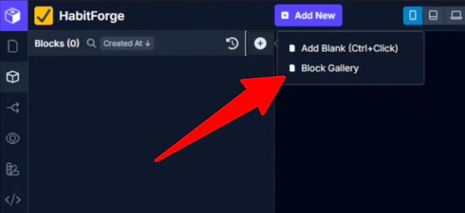 Accessing the block gallery in Draftbit.
