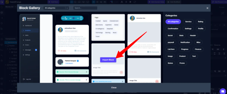 Importing a block to an app made with Draftbit.