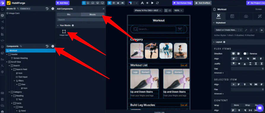 Adding a block to an app created with Draftbit.