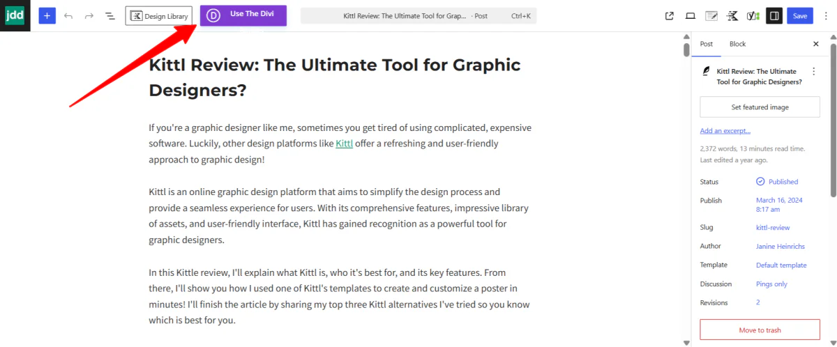 Divi-rakentajaa käyttämällä WordPress-julkaisussa.