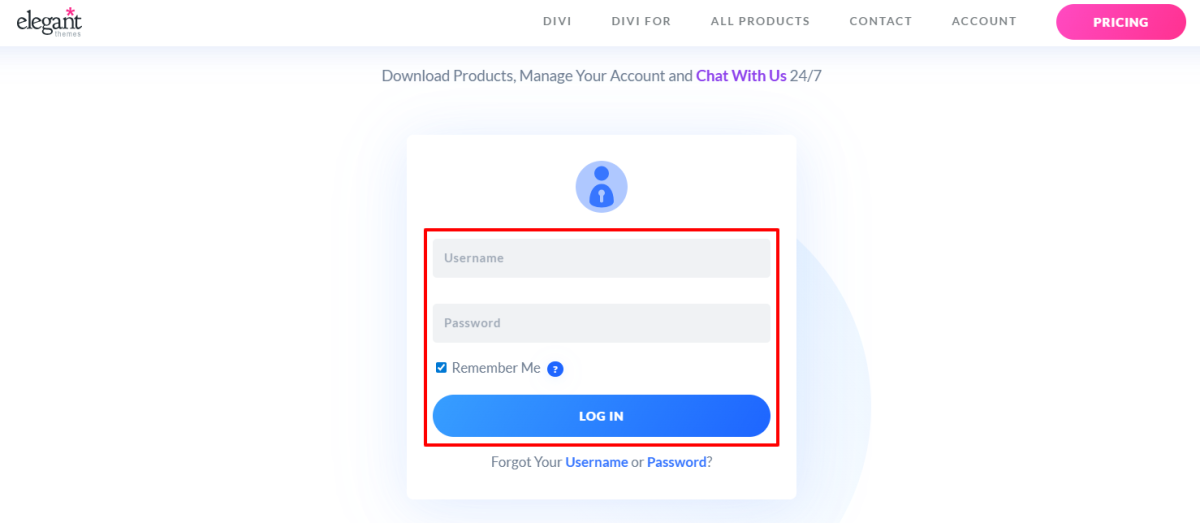 Kirjautuminen Elegant Themesiin.