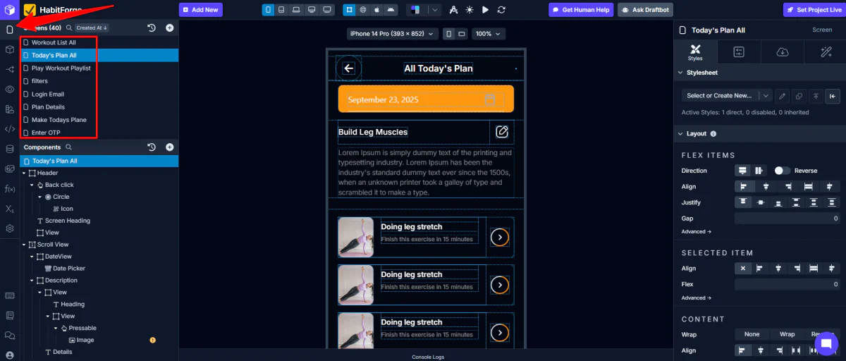 Viewing the different app screens Draftbit created.