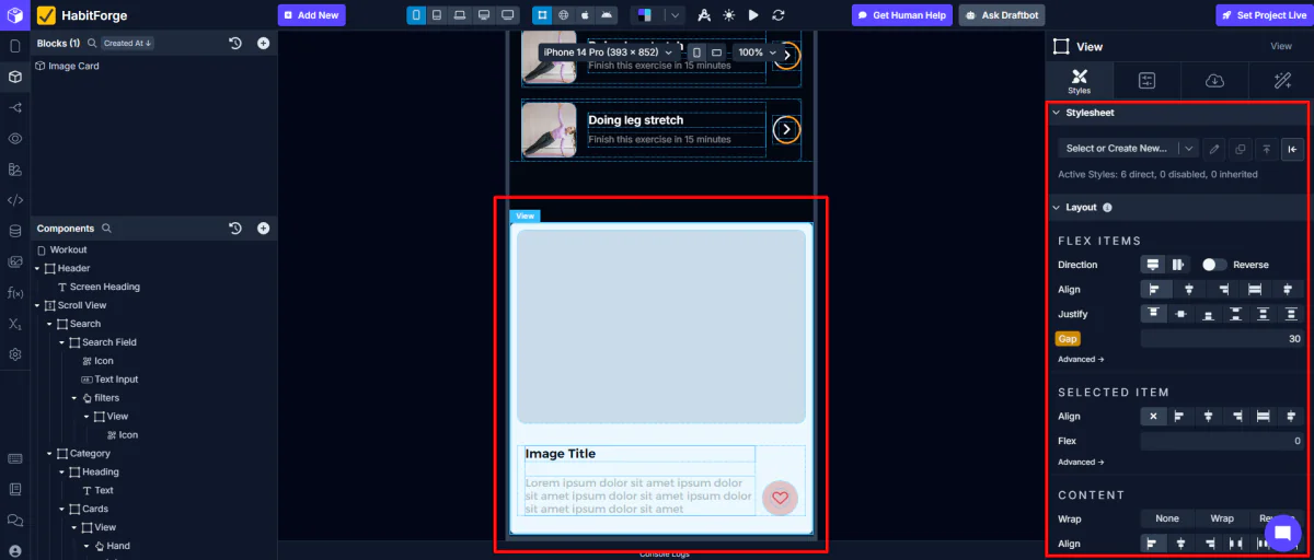 Customizing an image block that has been added to an app design created with Draftbit.