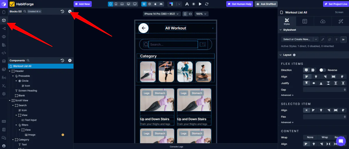 Adding blocks to an app created with Draftbit.