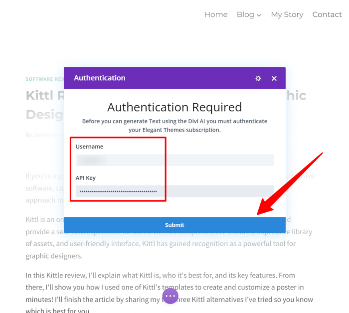 Diville käyttäjätunnuksen ja API-avaimen antaminen todennusta varten.