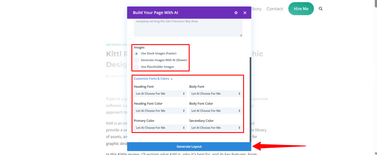Kuvien ja fonttien luominen Divi AI -laajennuksella.