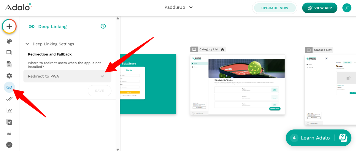 Adalo'da yönlendirmeleri seçme.
