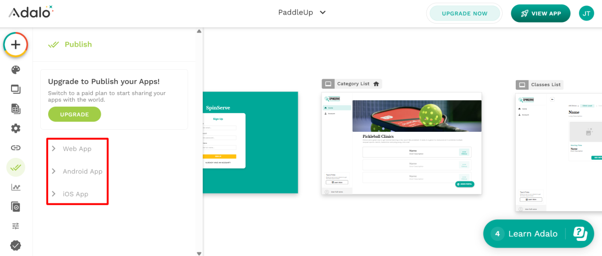 Adalo ile yapılmış bir uygulamanın nerede yayınlanacağının seçilmesi.