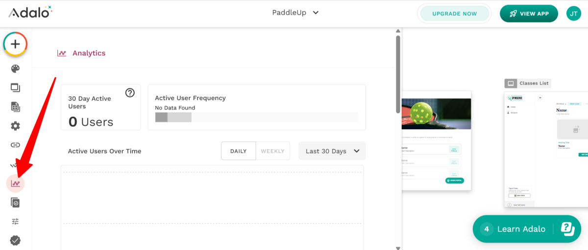 Adalo'daki uygulamamın analizlerini görüntülüyorum.