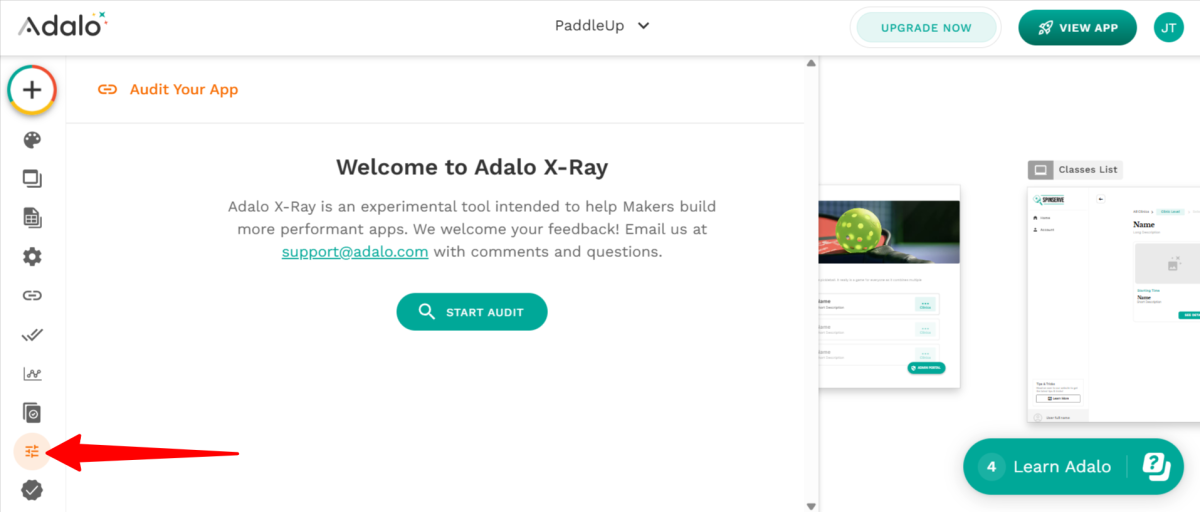 Adalo ile yapılmış bir uygulamada denetim gerçekleştirmek için X-Ray'i kullanmak.