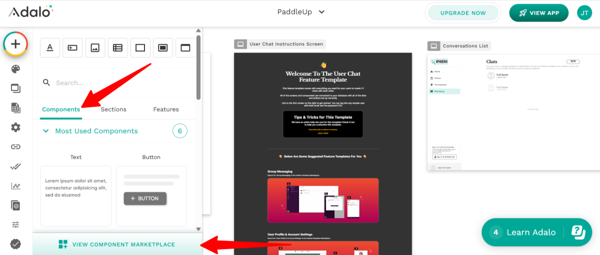Adalo'da Bileşen Pazarına Erişim.