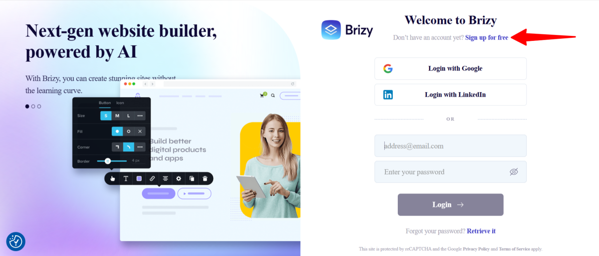 Signing up for Brizy.