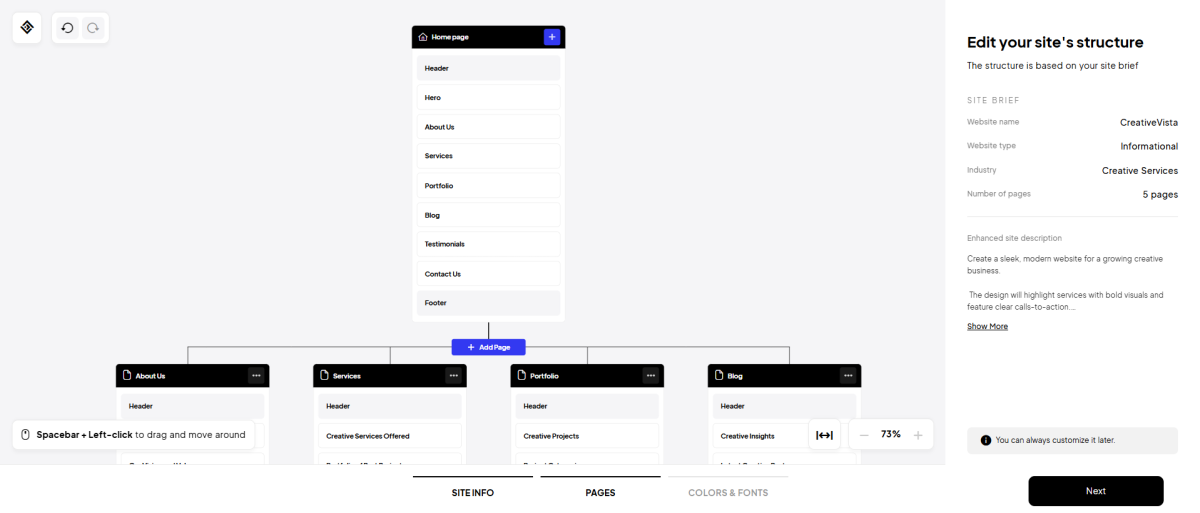 A site structure generated with 10Web.