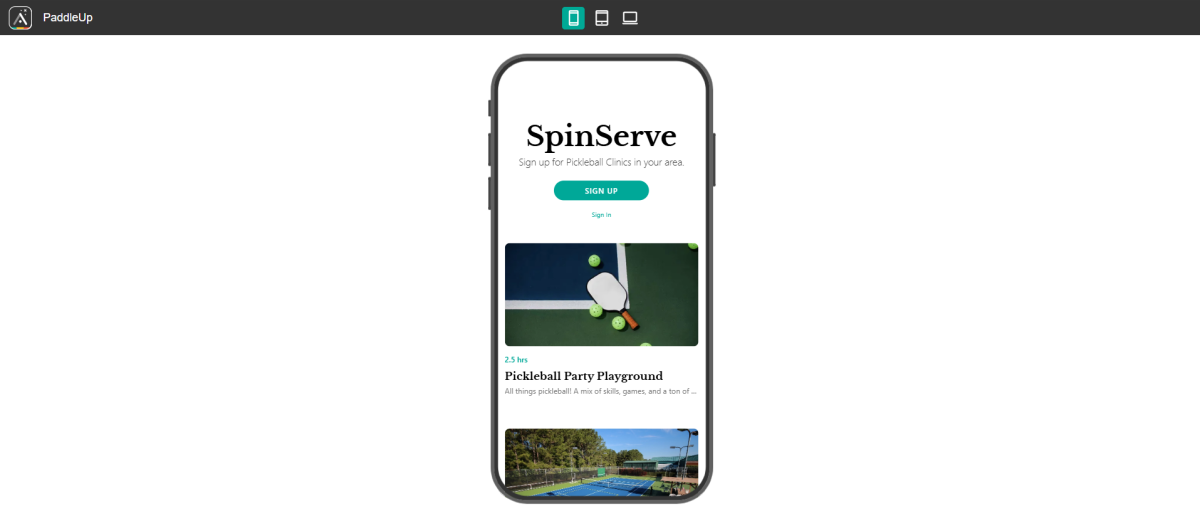 Adalo ile oluşturulmuş bir Pickleball uygulamasının önizlemesi.