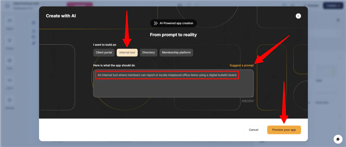 Giving Softr a prompt to generate an app with AI.