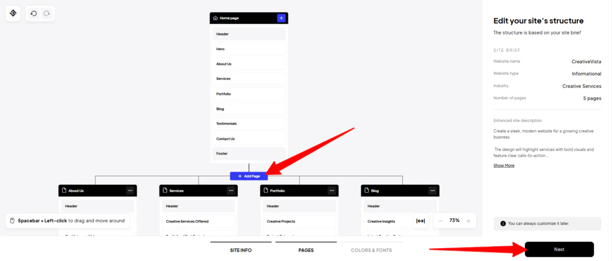 Adding pages to a website structure generated with 10Web.