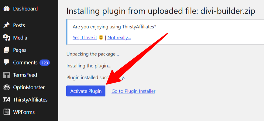 WordPressiin ladatun lisäosan aktivointi.