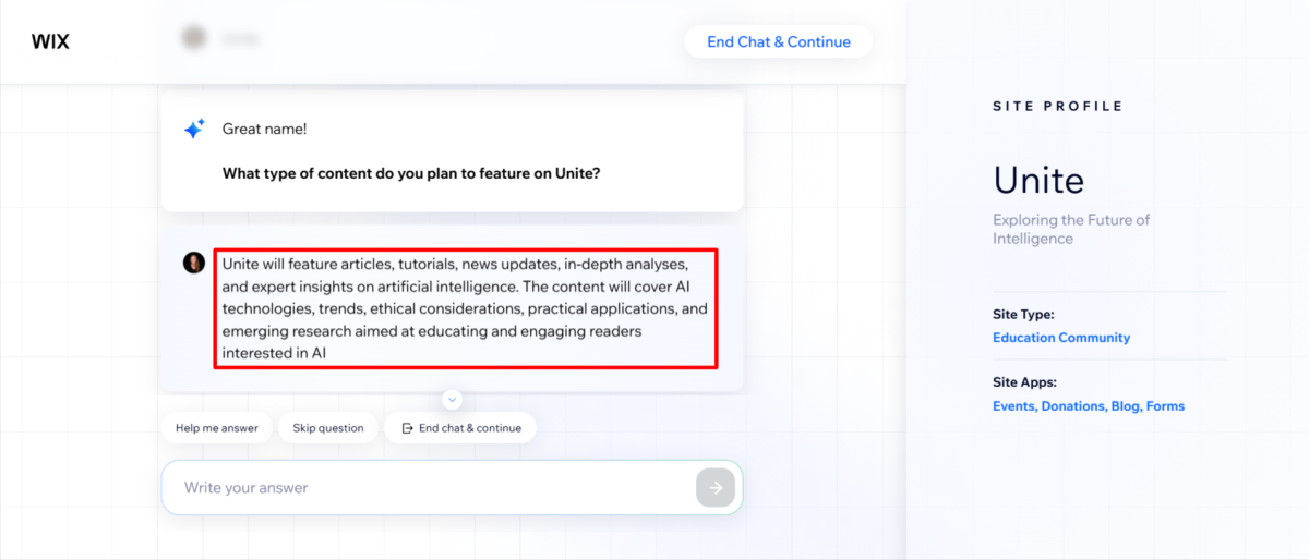 Informar ao Wix o tipo de conteúdo que será apresentado no site que ele criará para mim.